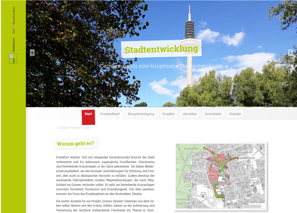 Screenshot der Beteiligungswebseite zum "Grünen Ypsilon" in Frankfurt am Main. Das Bild zeigt die Startseite.
