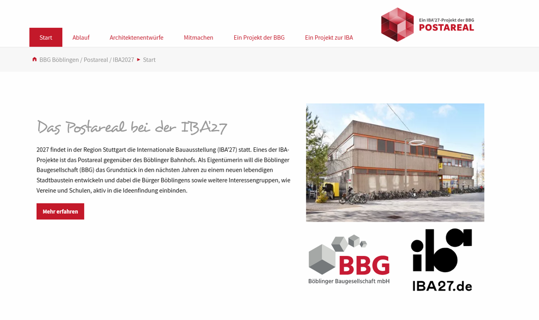 Screenshot der Beteiligungswebseite zum Projekt "Postareal" in Böblingen. Das Bild zeigt die Startseite.